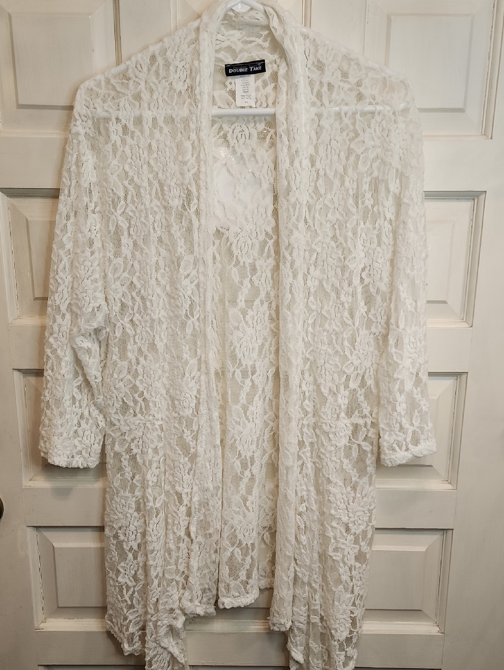 DOUBLE TAKE White Lace Sweater/Robe/Swim Coverup Sheer Floral Open Front